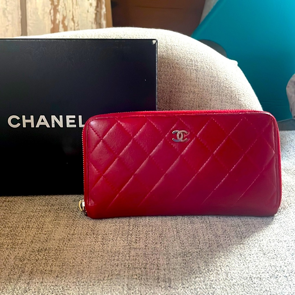 Chanel Cherry red lambskin quilted zip around walet with silver tone hardware